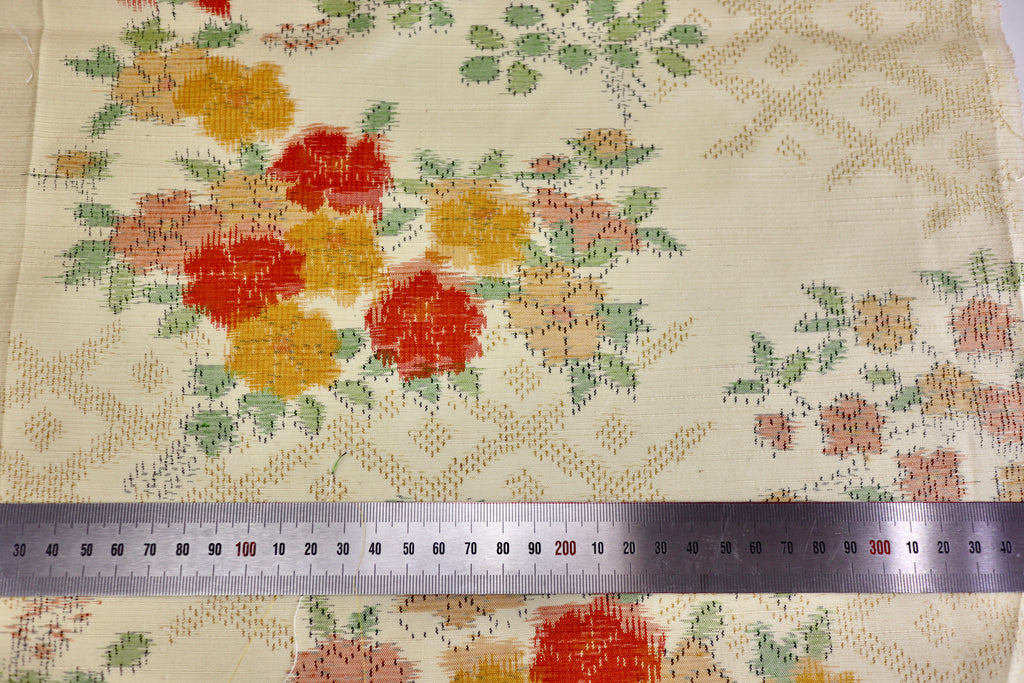 Vintage Japanese Tsumugi Silk Kimono Fabric Panel  - Cream Yellow Orange Flower Pattern