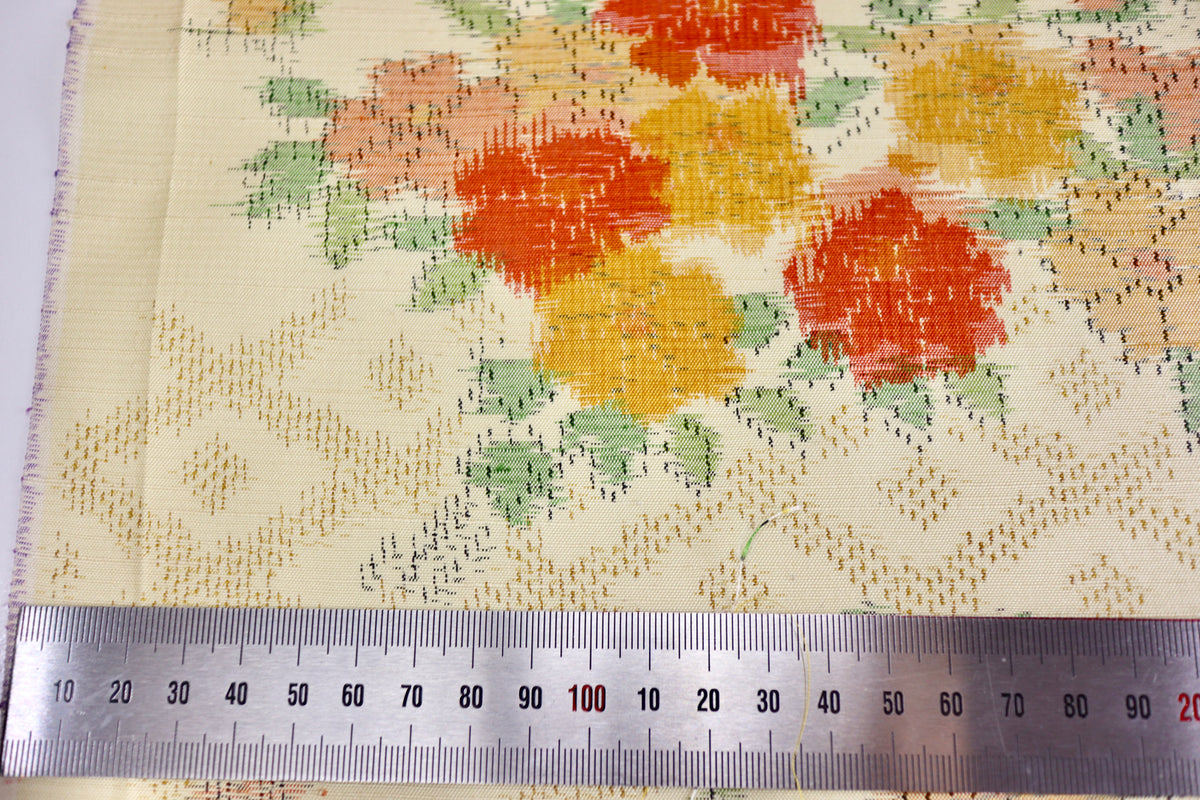 Vintage Japanese Tsumugi Silk Kimono Fabric Panel  - Cream Yellow Orange Flower Pattern