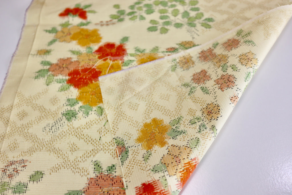 Vintage Japanese Tsumugi Silk Kimono Fabric Panel  - Cream Yellow Orange Flower Pattern