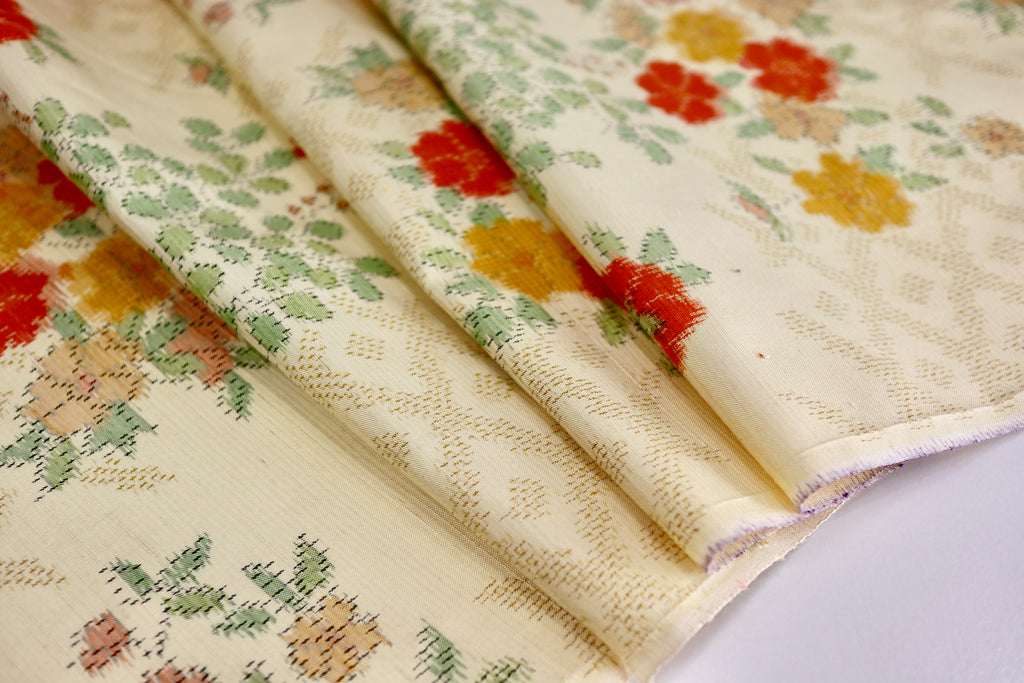 Vintage Japanese Tsumugi Silk Kimono Fabric Panel  - Cream Yellow Orange Flower Pattern
