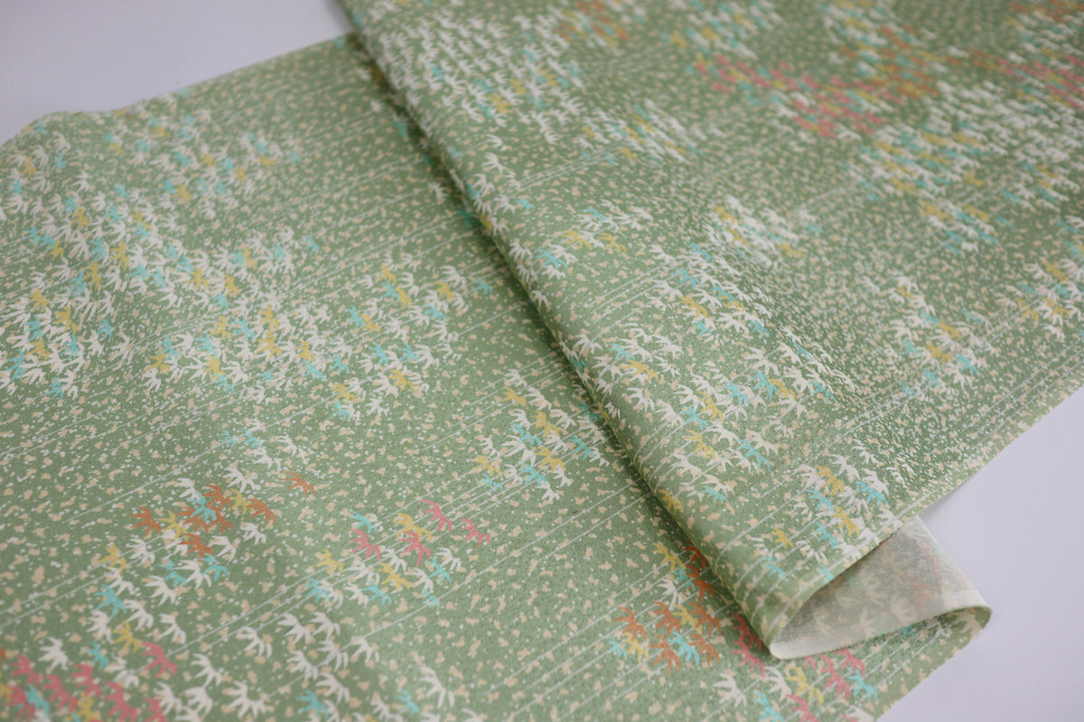 Vintage Japanese Silk Kimono Fabric Panel  - Light Green Bamboo Leaf Pattern