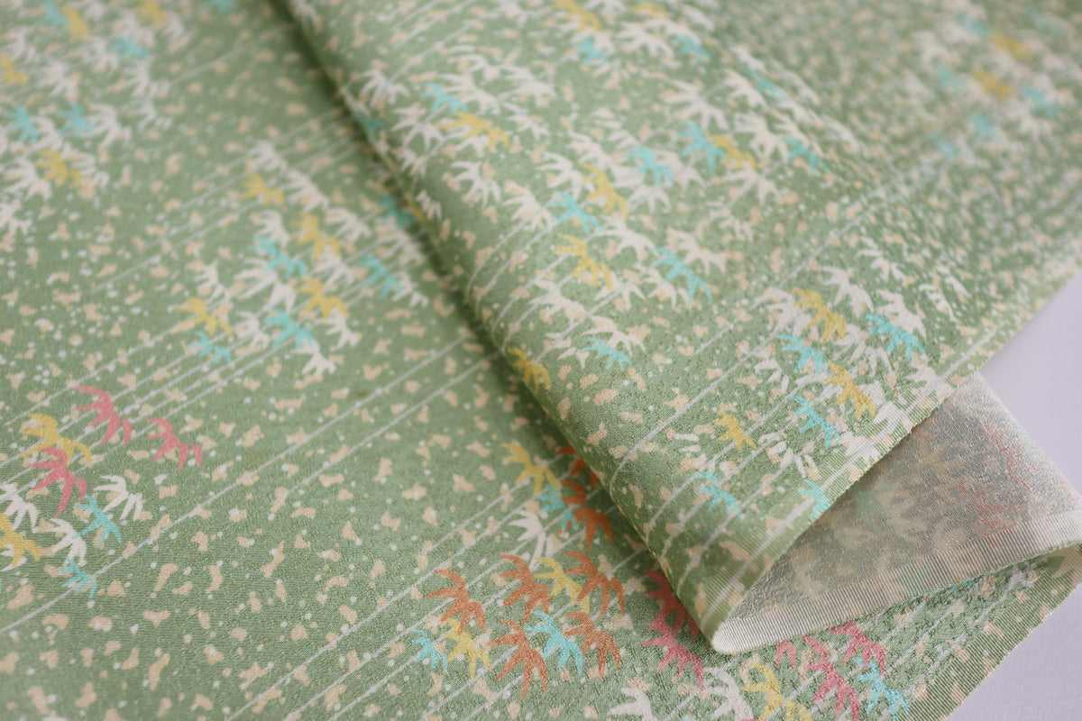 Vintage Japanese Silk Kimono Fabric Panel  - Light Green Bamboo Leaf Pattern