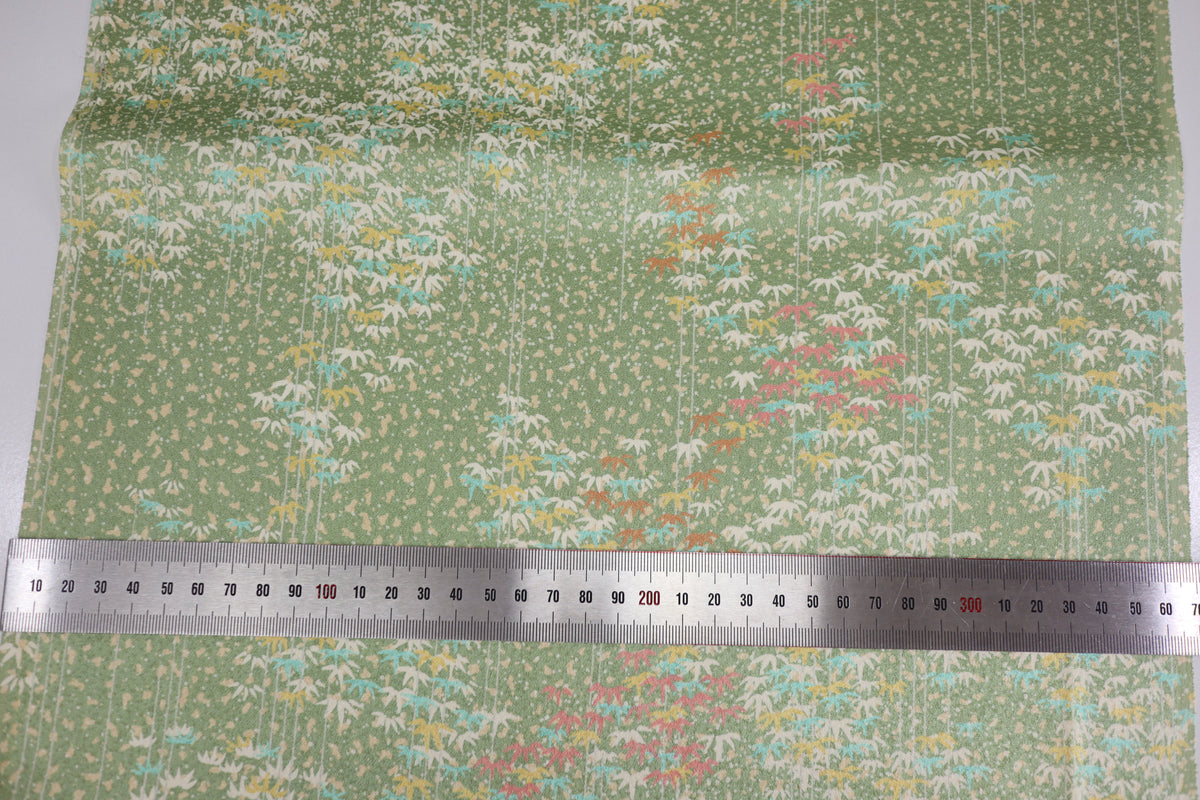 Vintage Japanese Silk Kimono Fabric Panel  - Light Green Bamboo Leaf Pattern