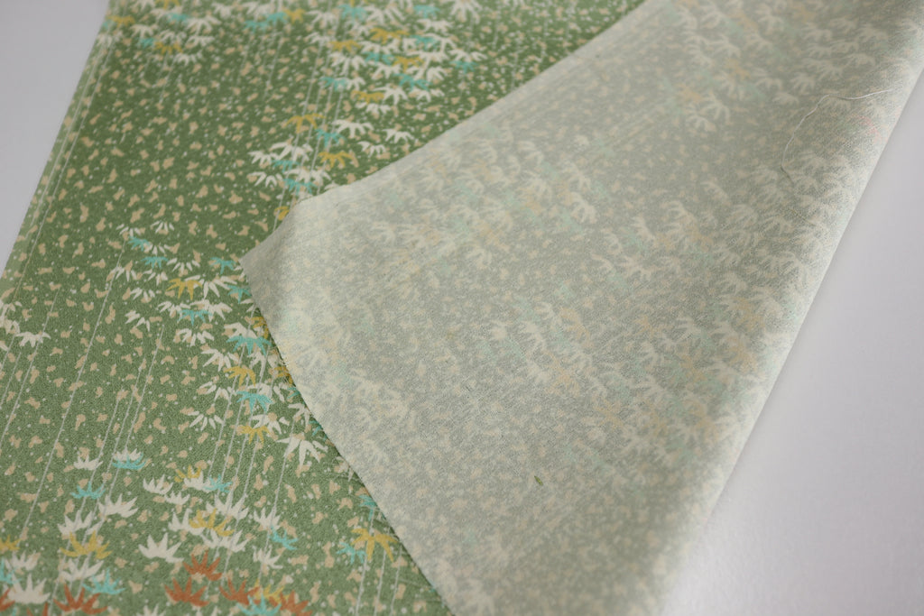 Vintage Japanese Silk Kimono Fabric Panel  - Light Green Bamboo Leaf Pattern