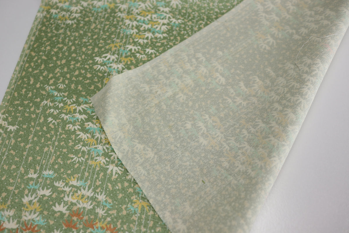 Vintage Japanese Silk Kimono Fabric Panel  - Light Green Bamboo Leaf Pattern
