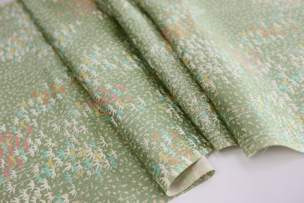 Vintage Japanese Silk Kimono Fabric Panel  - Light Green Bamboo Leaf Pattern