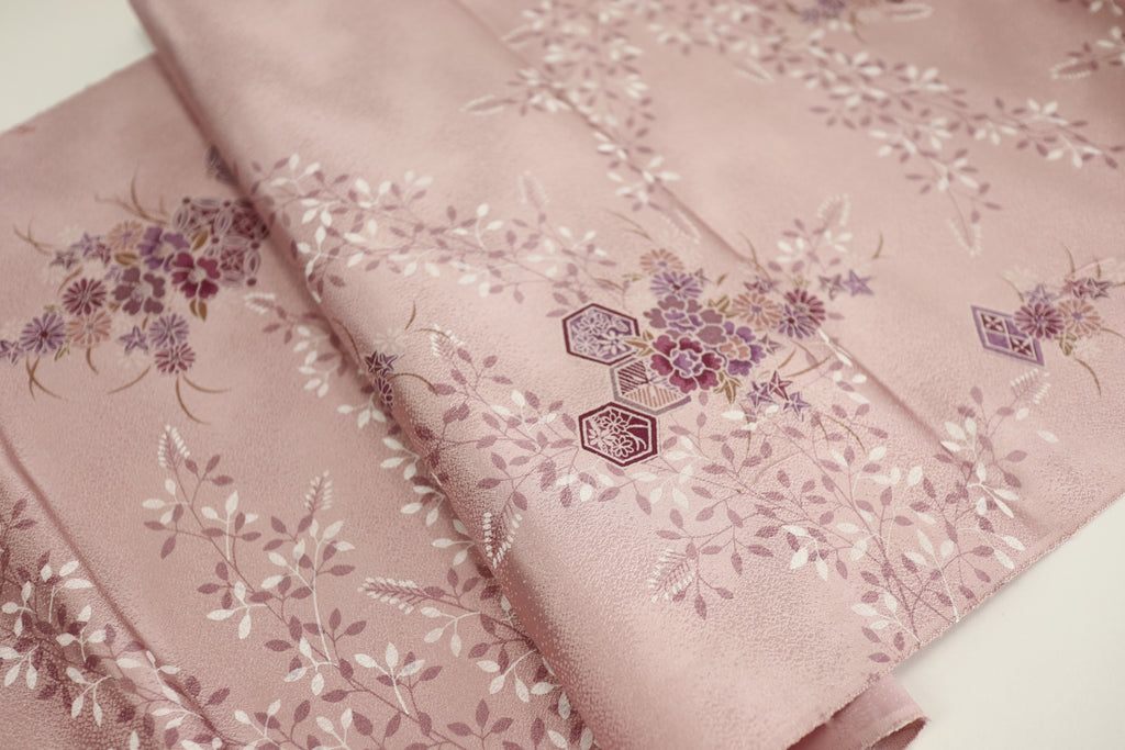 Vintage Japanese Silk Kimono Fabric Panel  - Rusty Pink Purple Kikko Shippou and Flower pattern