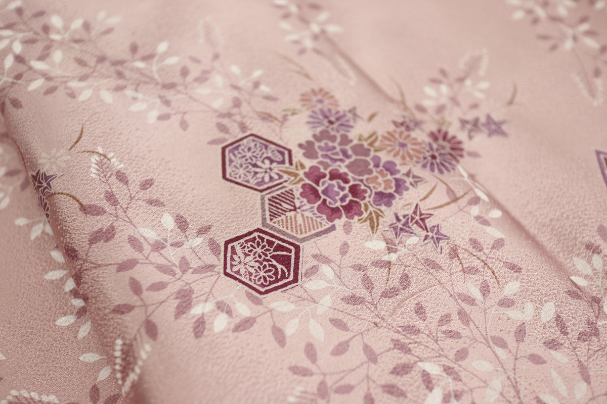 Vintage Japanese Silk Kimono Fabric Panel  - Rusty Pink Purple Kikko Shippou and Flower pattern