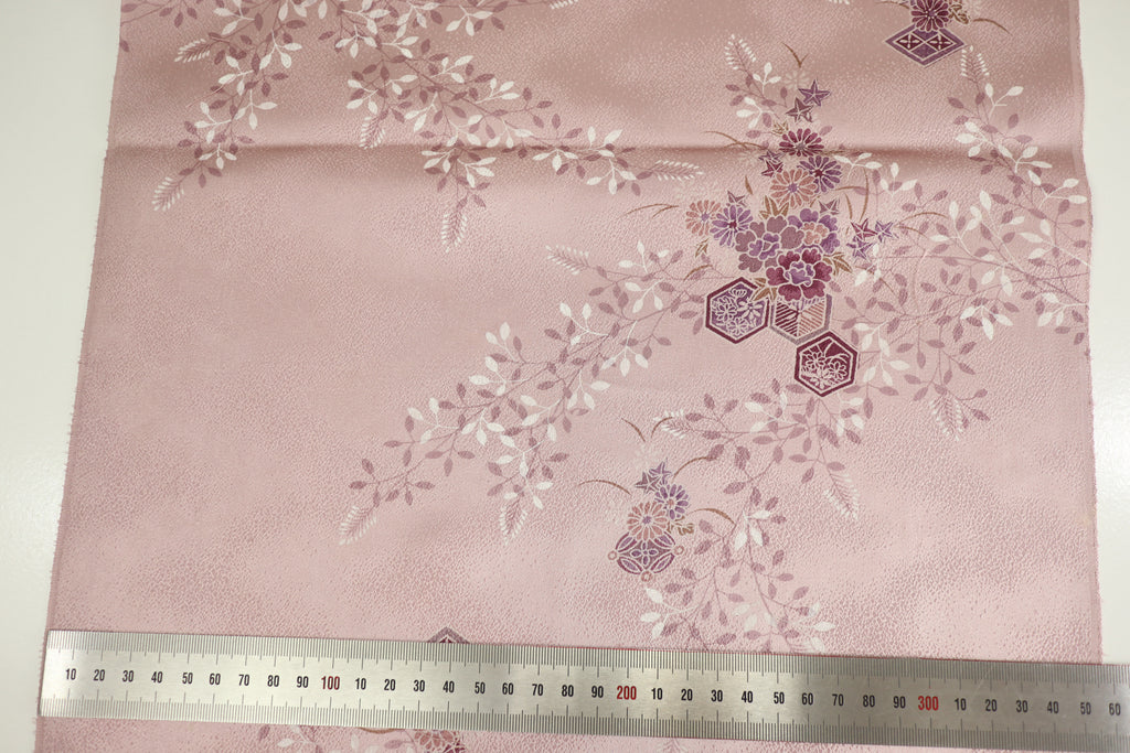 Vintage Japanese Silk Kimono Fabric Panel  - Rusty Pink Purple Kikko Shippou and Flower pattern