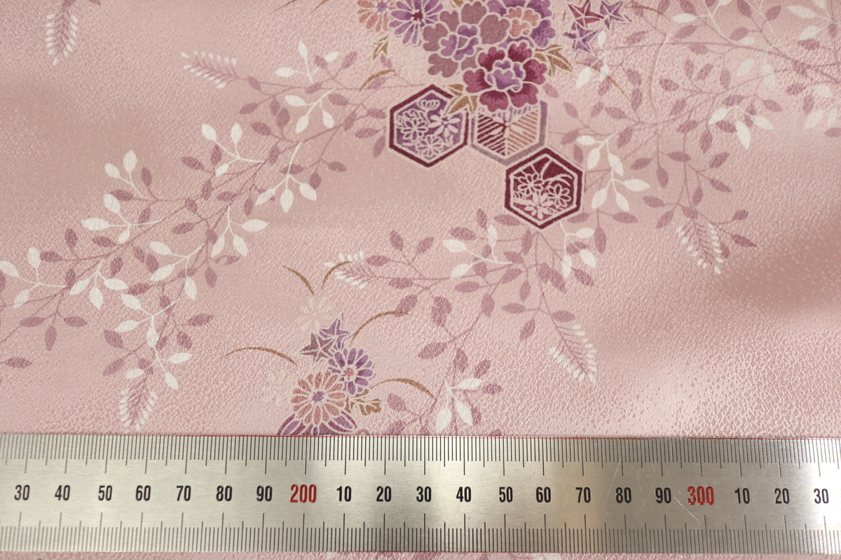 Vintage Japanese Silk Kimono Fabric Panel  - Rusty Pink Purple Kikko Shippou and Flower pattern