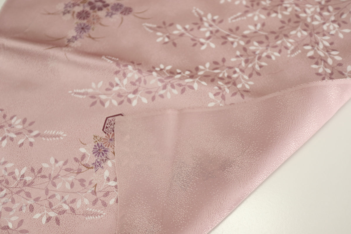 Vintage Japanese Silk Kimono Fabric Panel  - Rusty Pink Purple Kikko Shippou and Flower pattern