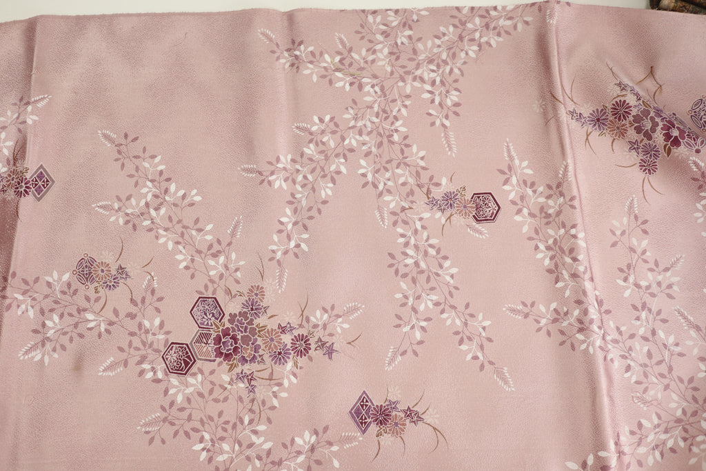 Vintage Japanese Silk Kimono Fabric Panel  - Rusty Pink Purple Kikko Shippou and Flower pattern