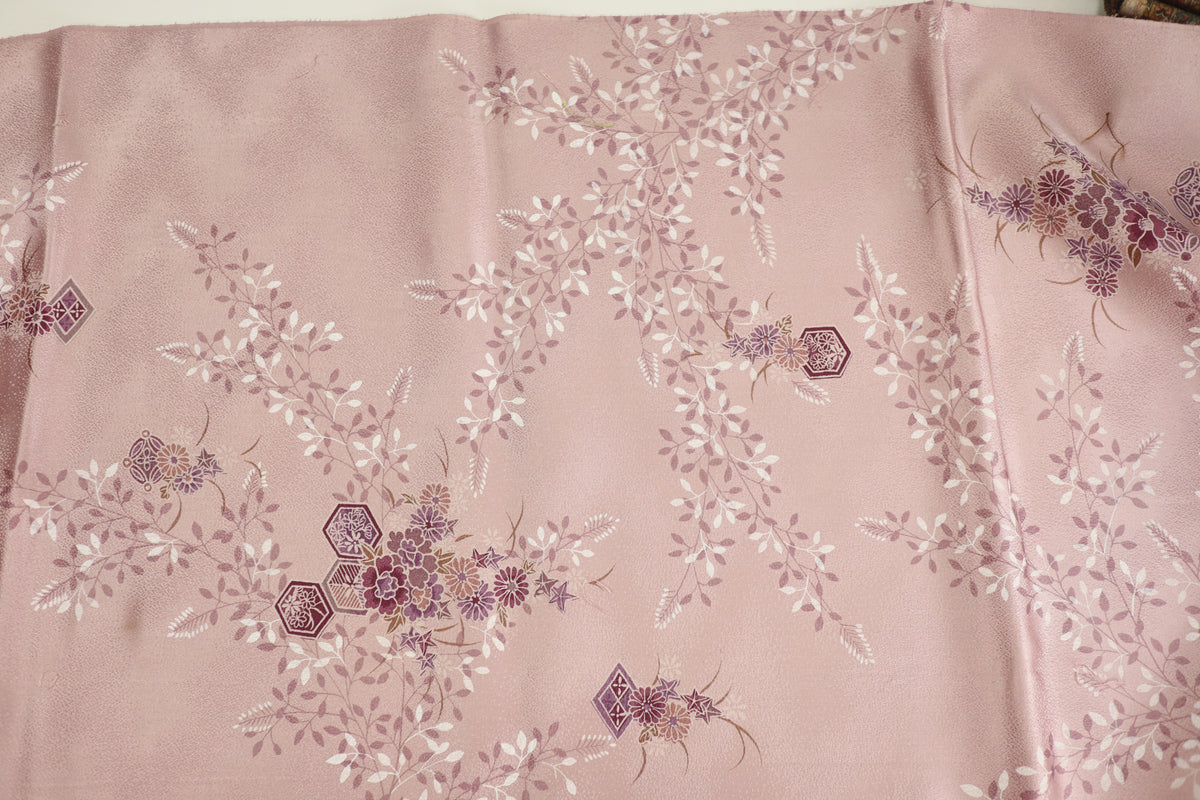 Vintage Japanese Silk Kimono Fabric Panel  - Rusty Pink Purple Kikko Shippou and Flower pattern