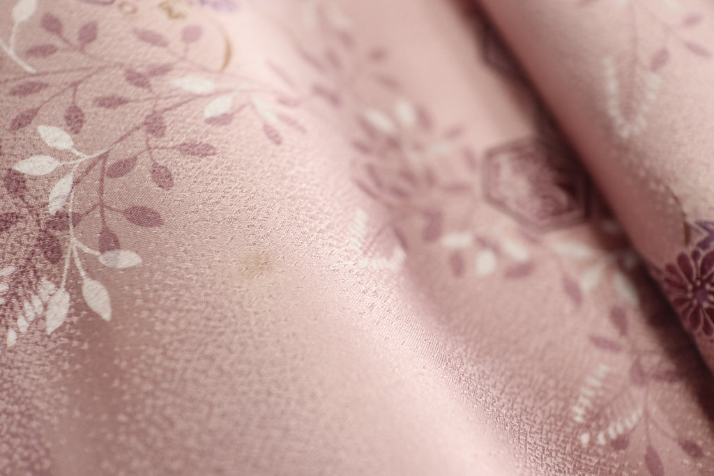 Vintage Japanese Silk Kimono Fabric Panel  - Rusty Pink Purple Kikko Shippou and Flower pattern