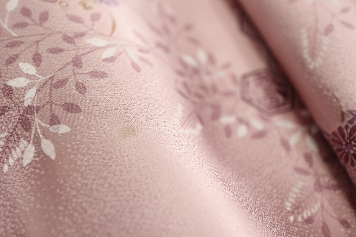 Vintage Japanese Silk Kimono Fabric Panel  - Rusty Pink Purple Kikko Shippou and Flower pattern