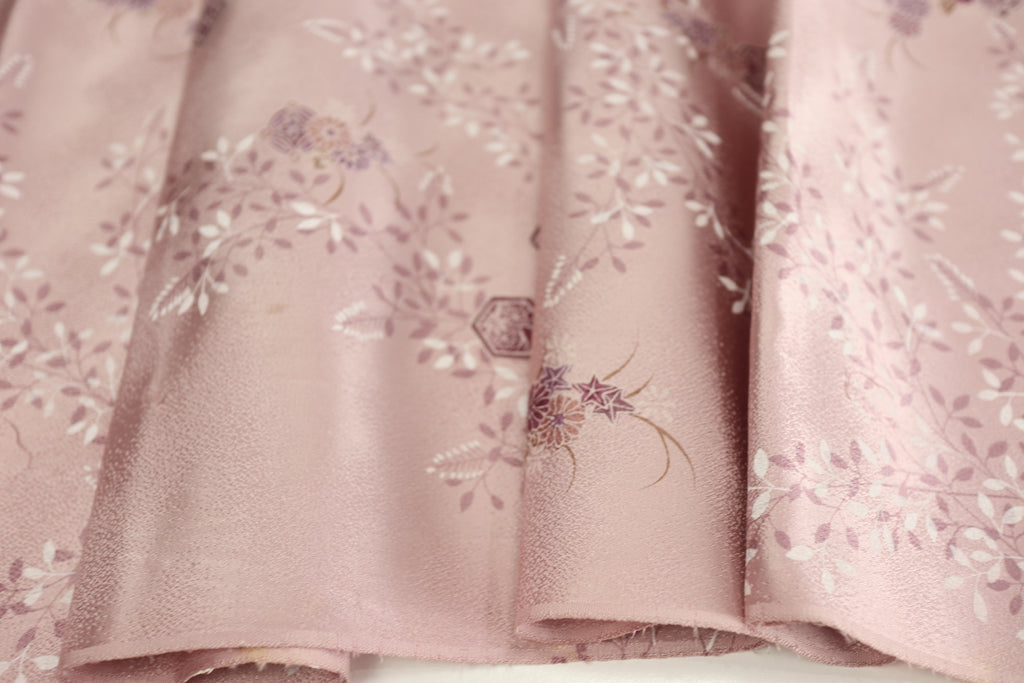Vintage Japanese Silk Kimono Fabric Panel  - Rusty Pink Purple Kikko Shippou and Flower pattern