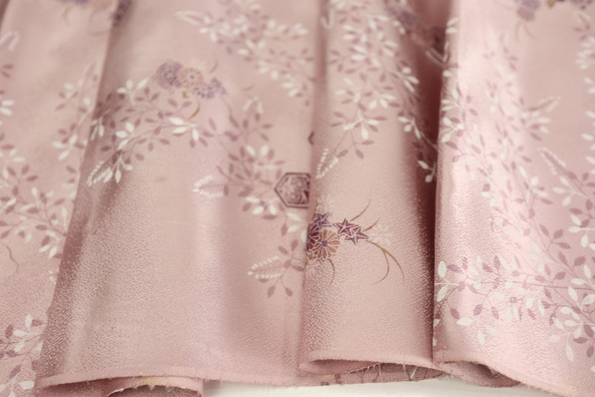 Vintage Japanese Silk Kimono Fabric Panel  - Rusty Pink Purple Kikko Shippou and Flower pattern