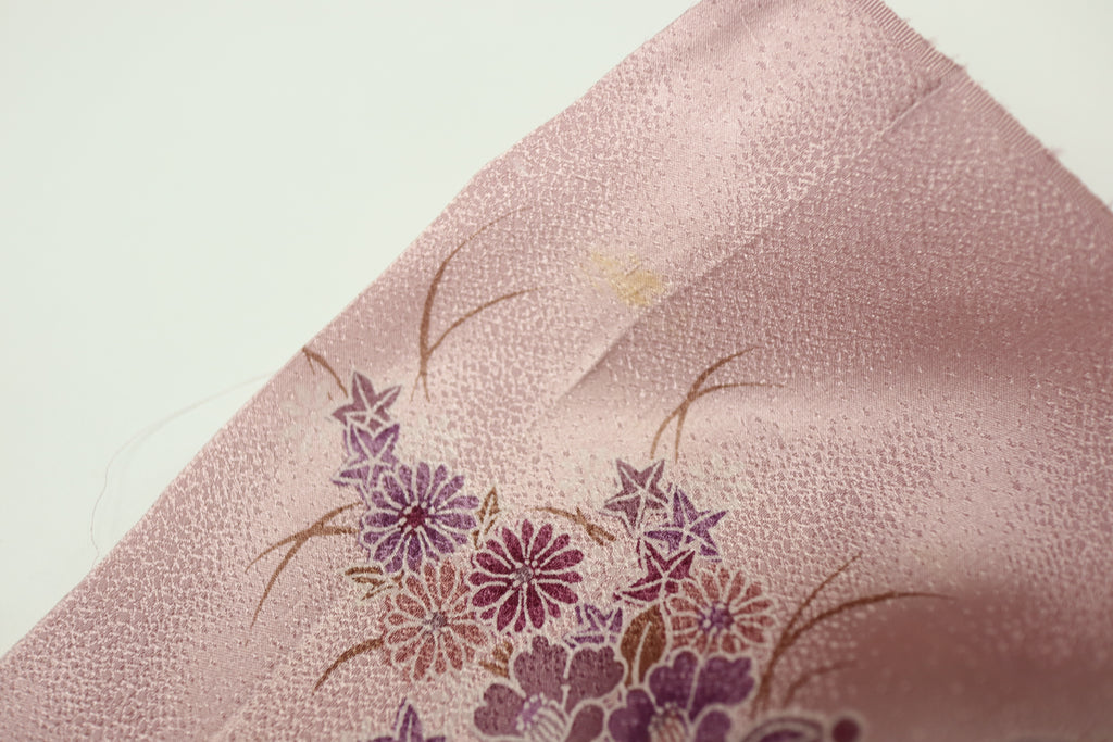 Vintage Japanese Silk Kimono Fabric Panel  - Rusty Pink Purple Kikko Shippou and Flower pattern