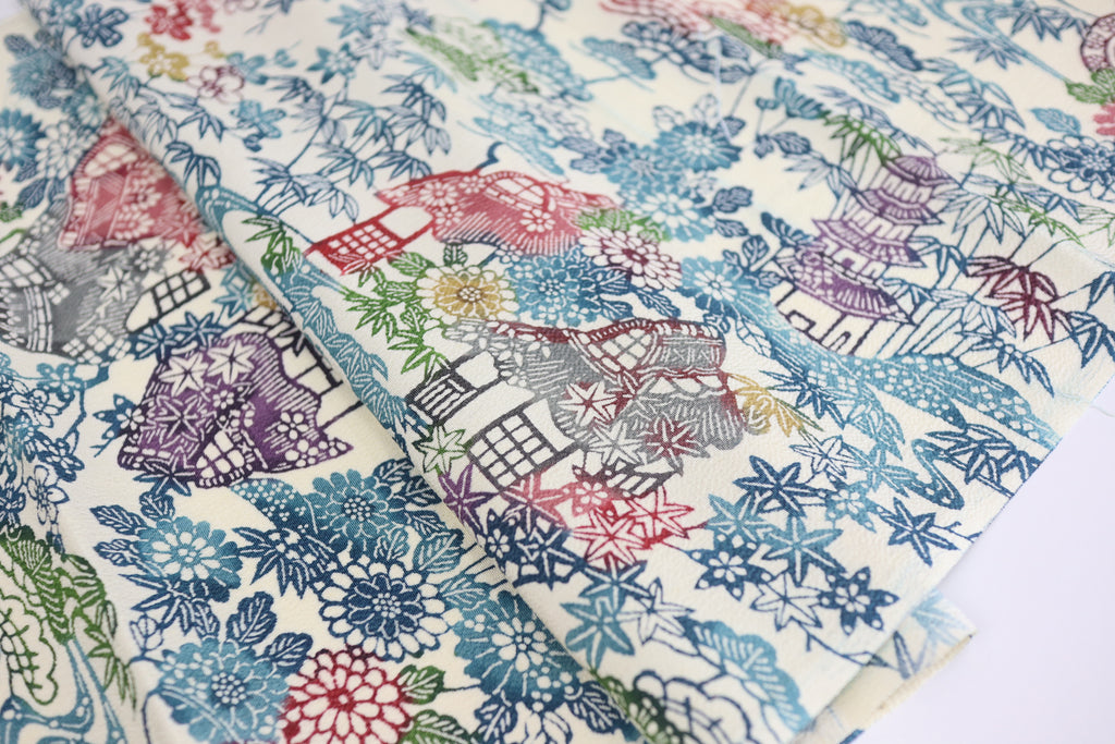 Vintage Japanese Silk Kimono Fabric Panel  - Bingata Chayatsuji patten