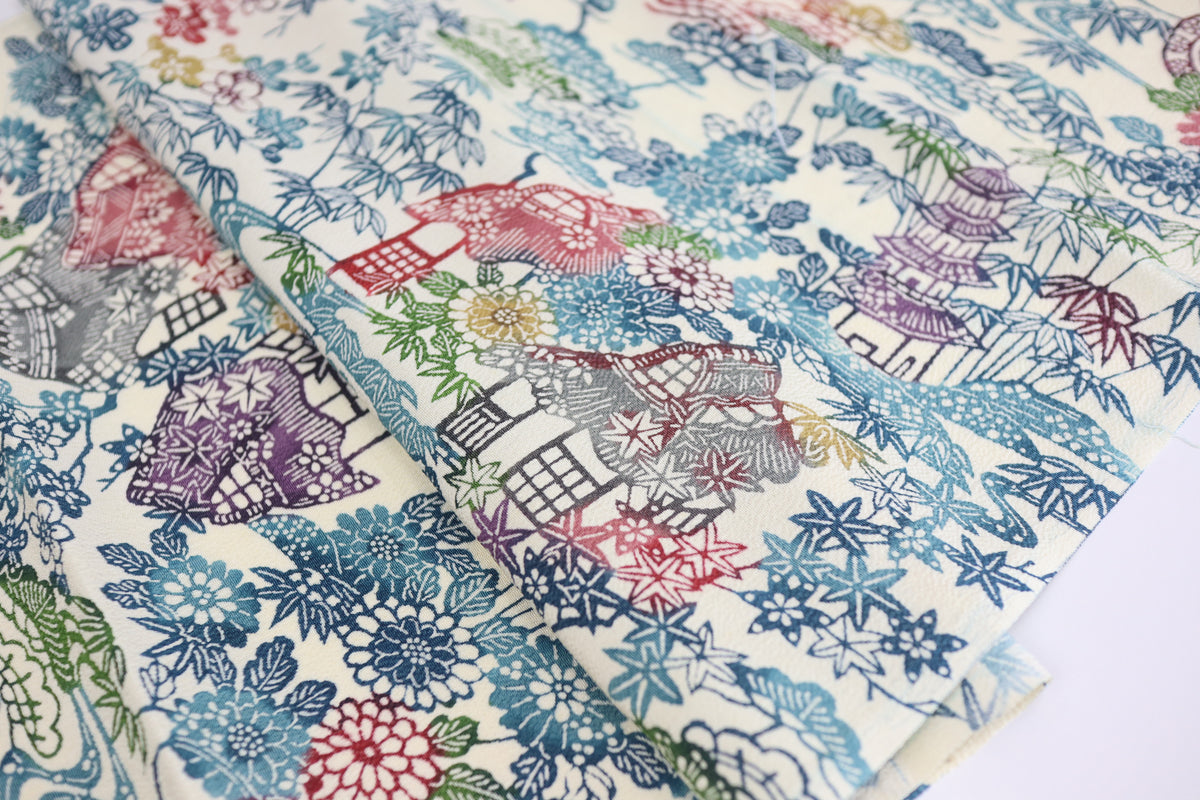 Vintage Japanese Silk Kimono Fabric Panel  - Bingata Chayatsuji patten