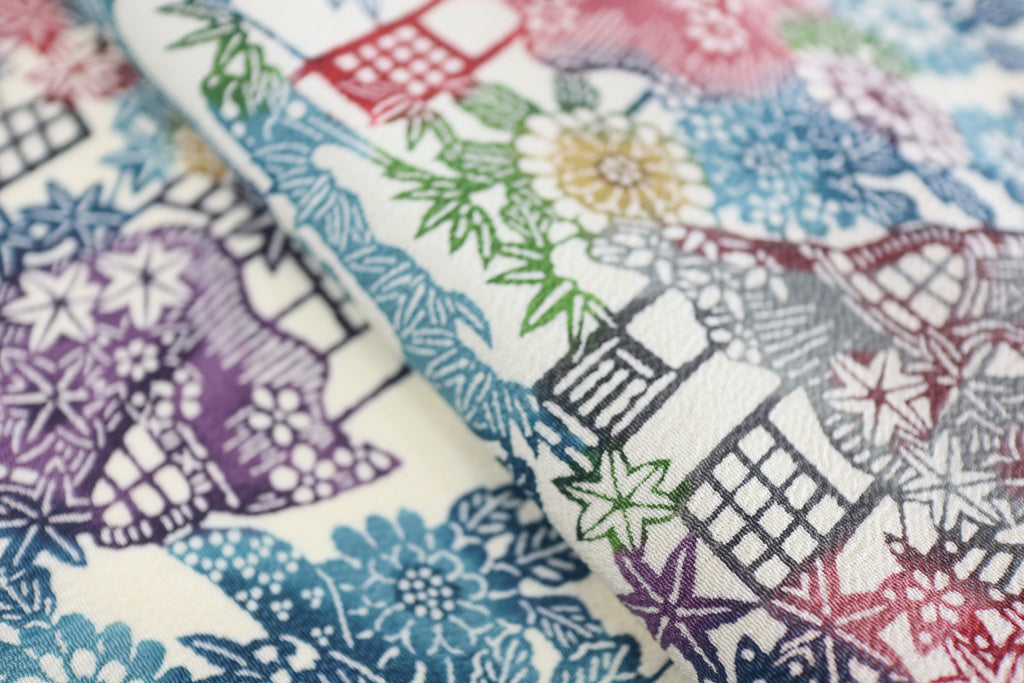 Vintage Japanese Silk Kimono Fabric Panel  - Bingata Chayatsuji patten