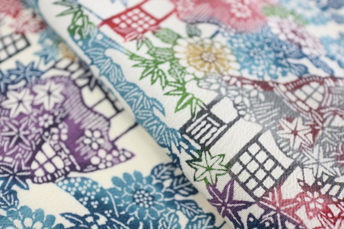 Vintage Japanese Silk Kimono Fabric Panel  - Bingata Chayatsuji patten