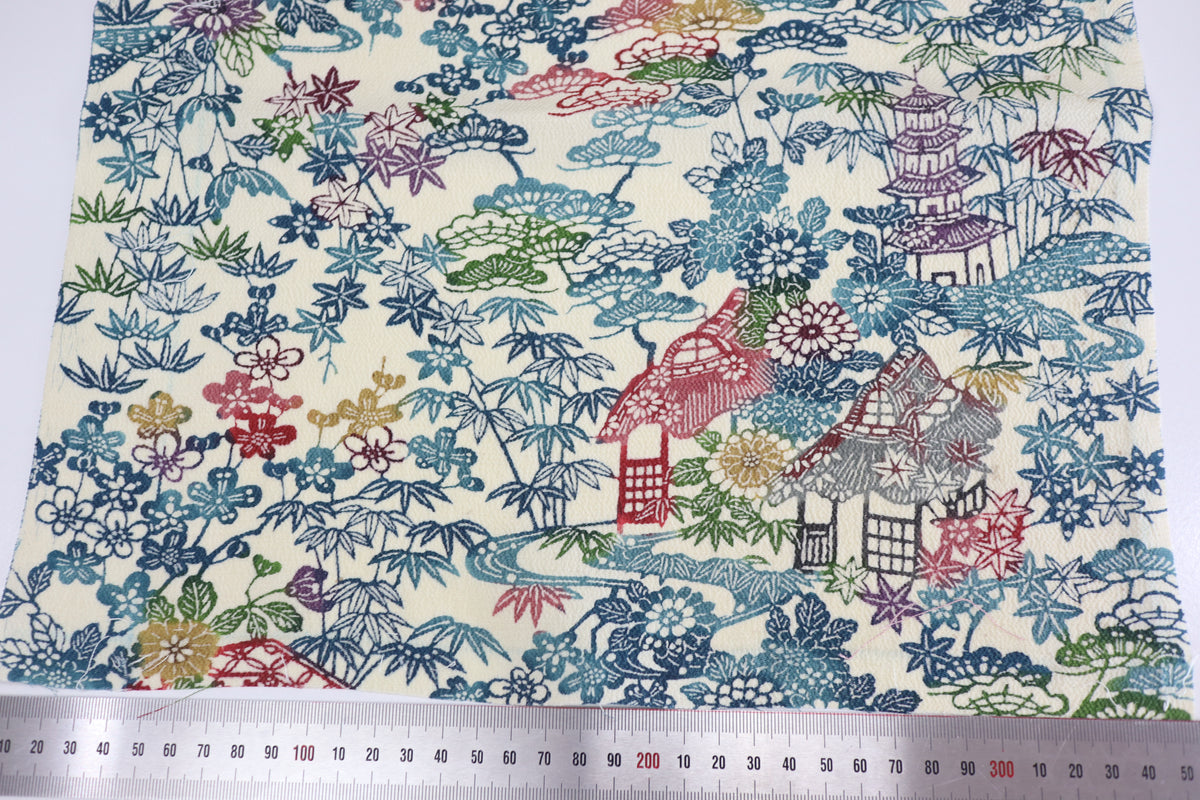 Vintage Japanese Silk Kimono Fabric Panel  - Bingata Chayatsuji patten