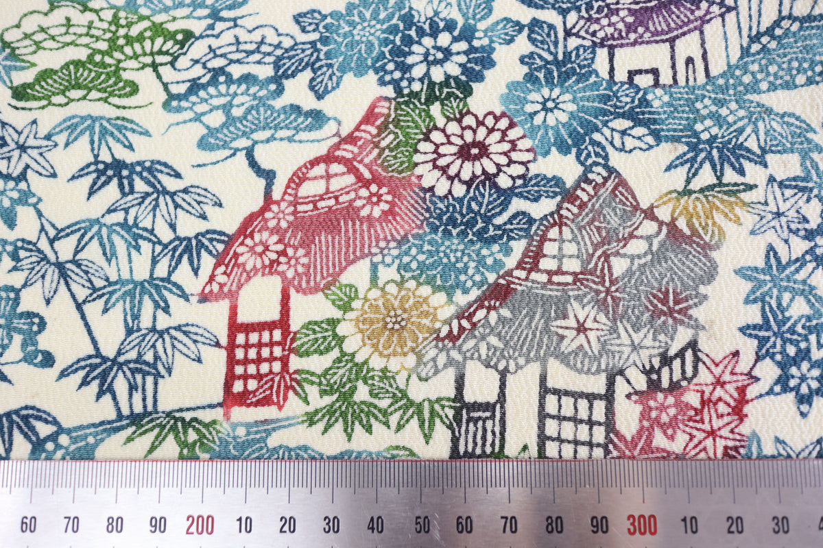 Vintage Japanese Silk Kimono Fabric Panel  - Bingata Chayatsuji patten