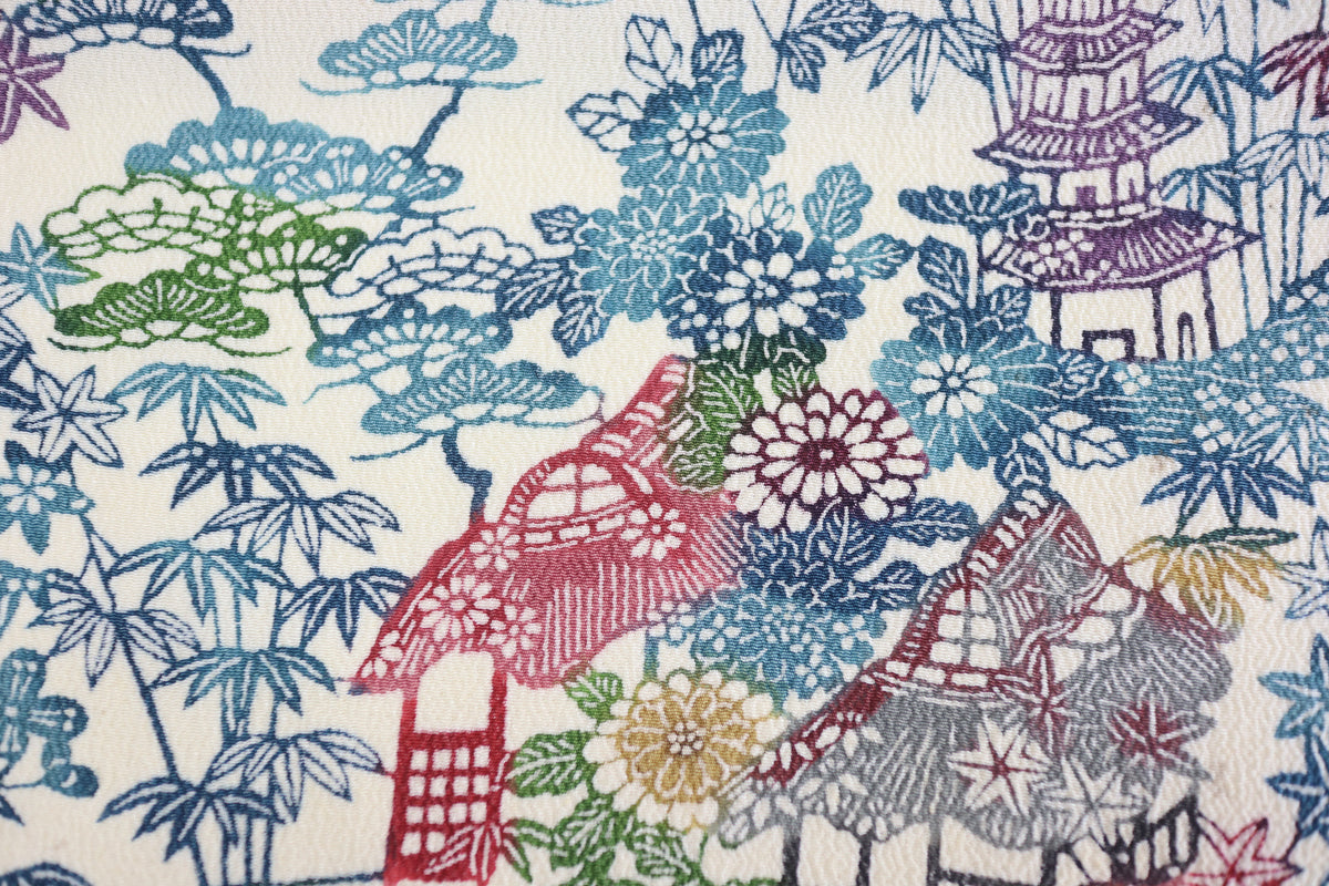 Vintage Japanese Silk Kimono Fabric Panel  - Bingata Chayatsuji patten