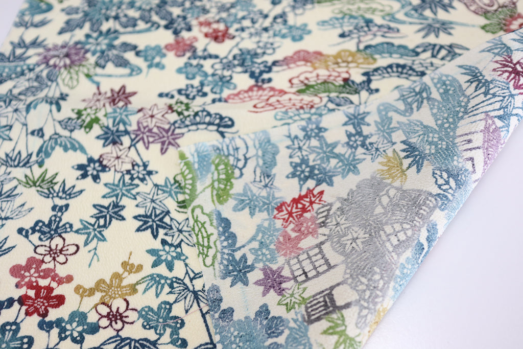 Vintage Japanese Silk Kimono Fabric Panel  - Bingata Chayatsuji patten