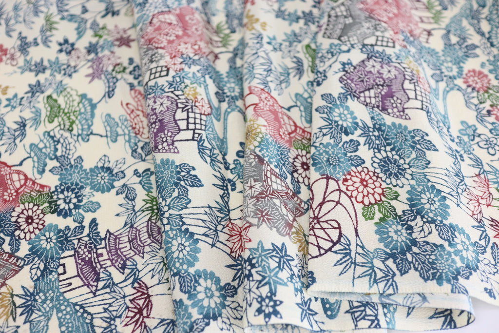 Vintage Japanese Silk Kimono Fabric Panel  - Bingata Chayatsuji patten