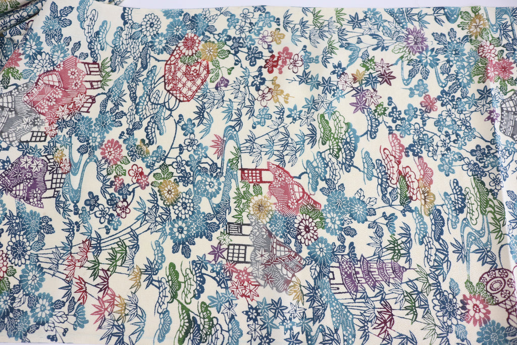 Vintage Japanese Silk Kimono Fabric Panel  - Bingata Chayatsuji patten