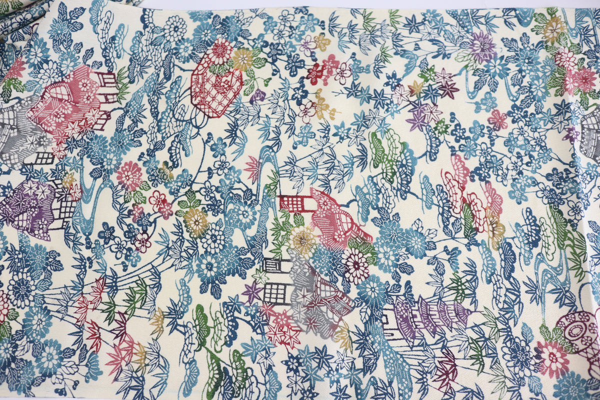 Vintage Japanese Silk Kimono Fabric Panel  - Bingata Chayatsuji patten