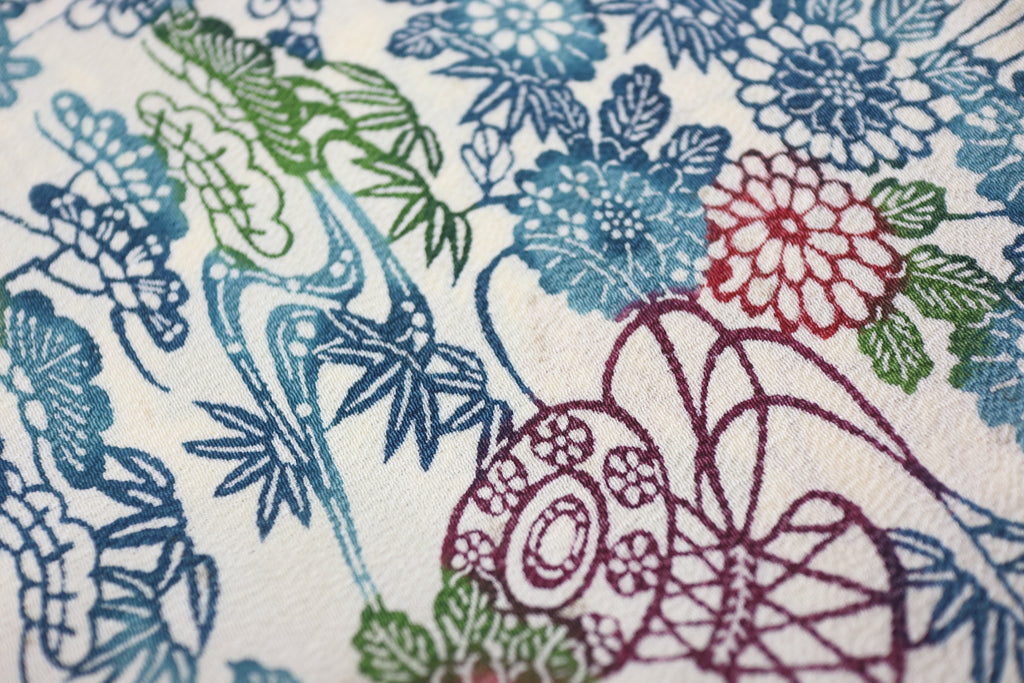Vintage Japanese Silk Kimono Fabric Panel  - Bingata Chayatsuji patten