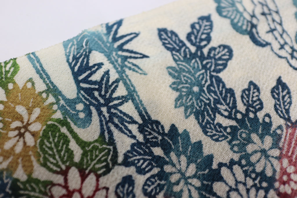 Vintage Japanese Silk Kimono Fabric Panel  - Bingata Chayatsuji patten