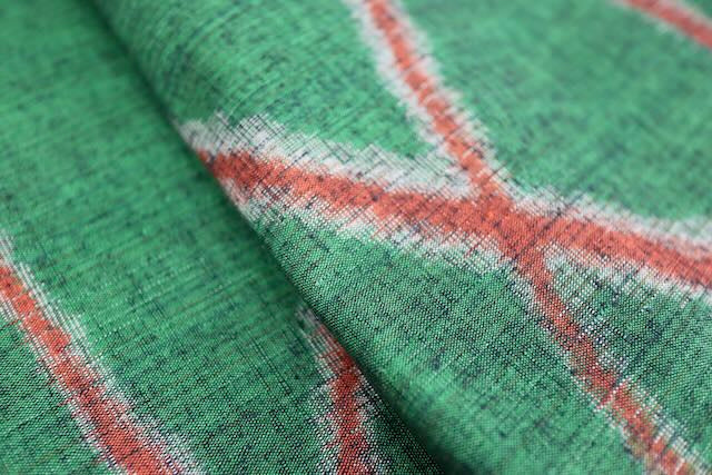 Vintage Japanese Tsumugi Silk Kimono Fabric Panel  - Green Geometric Pattern