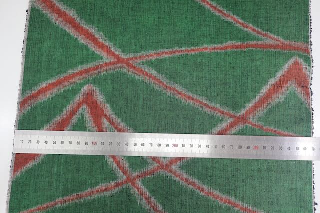 Vintage Japanese Tsumugi Silk Kimono Fabric Panel  - Green Geometric Pattern