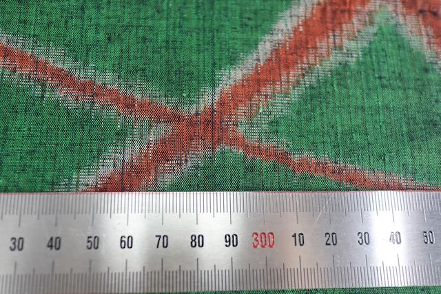 Vintage Japanese Tsumugi Silk Kimono Fabric Panel  - Green Geometric Pattern