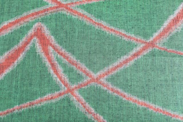 Vintage Japanese Tsumugi Silk Kimono Fabric Panel  - Green Geometric Pattern