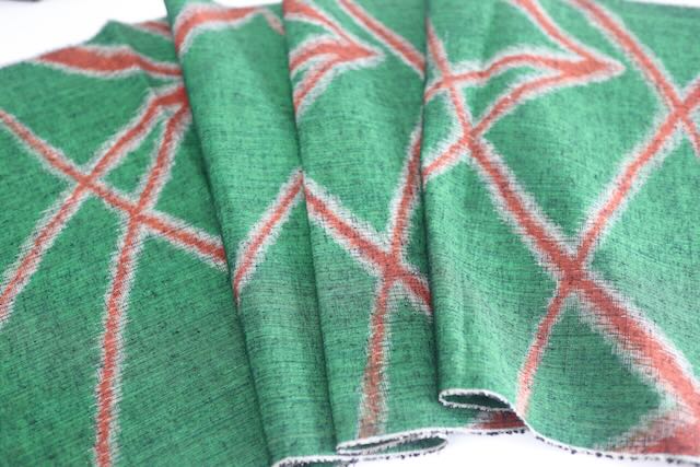 Vintage Japanese Tsumugi Silk Kimono Fabric Panel  - Green Geometric Pattern