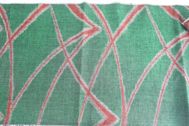 Vintage Japanese Tsumugi Silk Kimono Fabric Panel  - Green Geometric Pattern