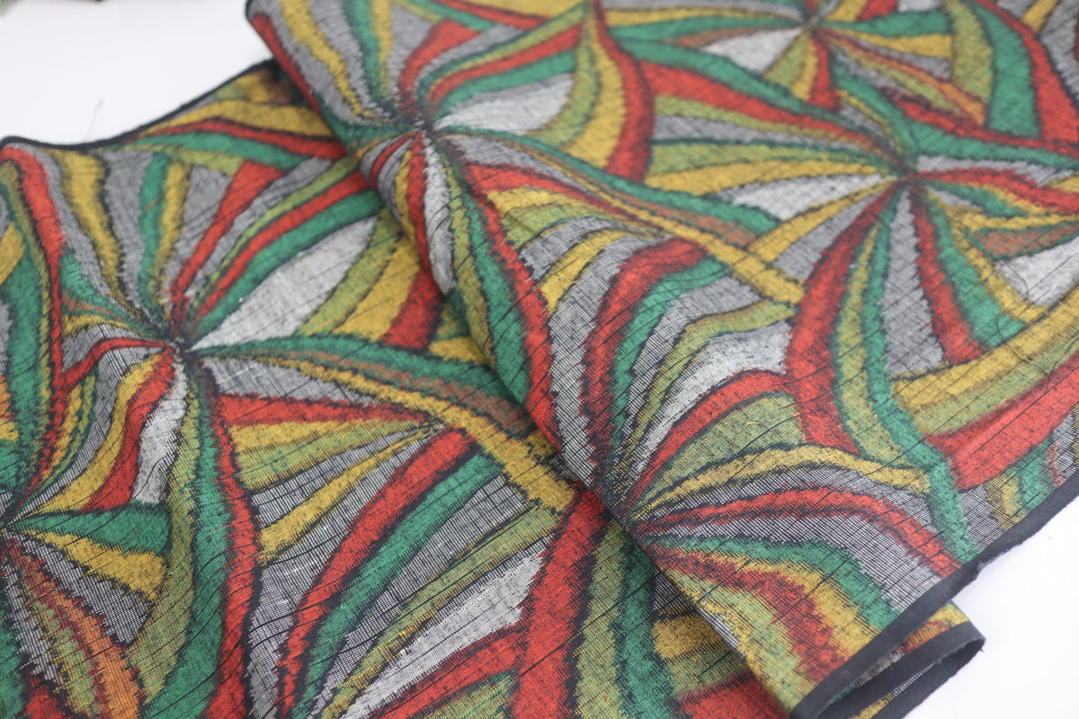 Vintage Japanese Tsumugi Silk Kimono Fabric Panel  - Colorful Geometric Pattern