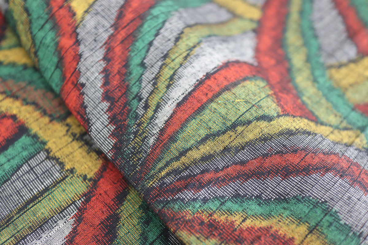 Vintage Japanese Tsumugi Silk Kimono Fabric Panel  - Colorful Geometric Pattern