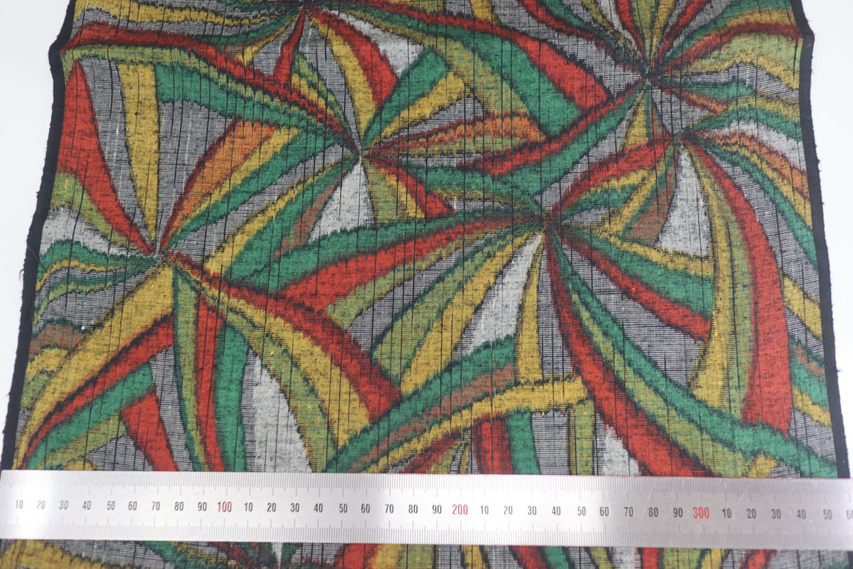 Vintage Japanese Tsumugi Silk Kimono Fabric Panel  - Colorful Geometric Pattern