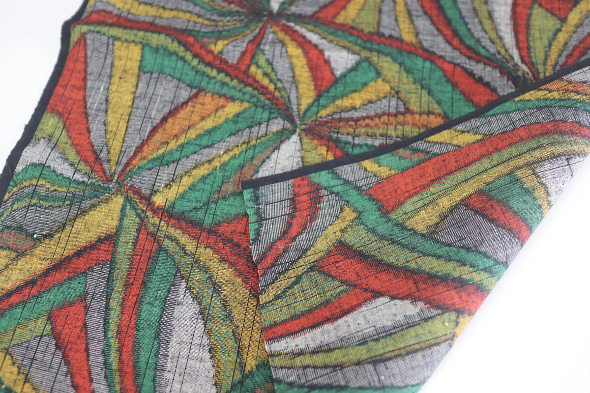 Vintage Japanese Tsumugi Silk Kimono Fabric Panel  - Colorful Geometric Pattern