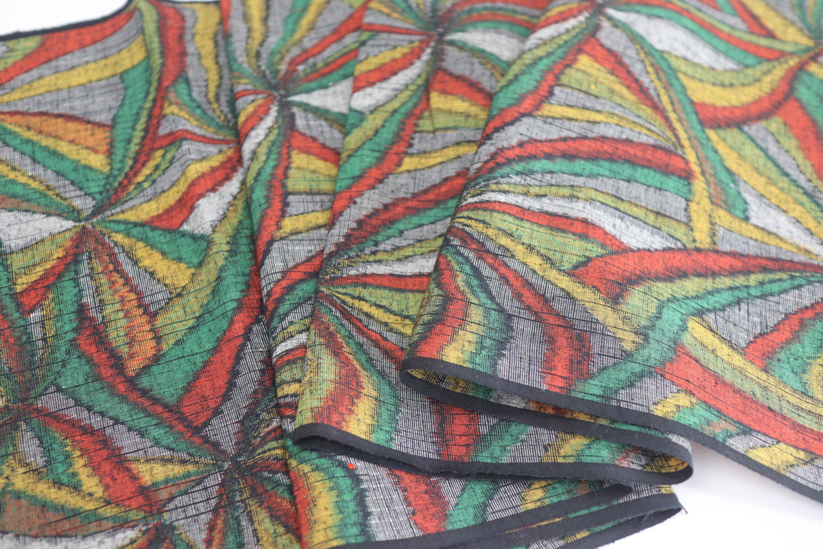 Vintage Japanese Tsumugi Silk Kimono Fabric Panel  - Colorful Geometric Pattern