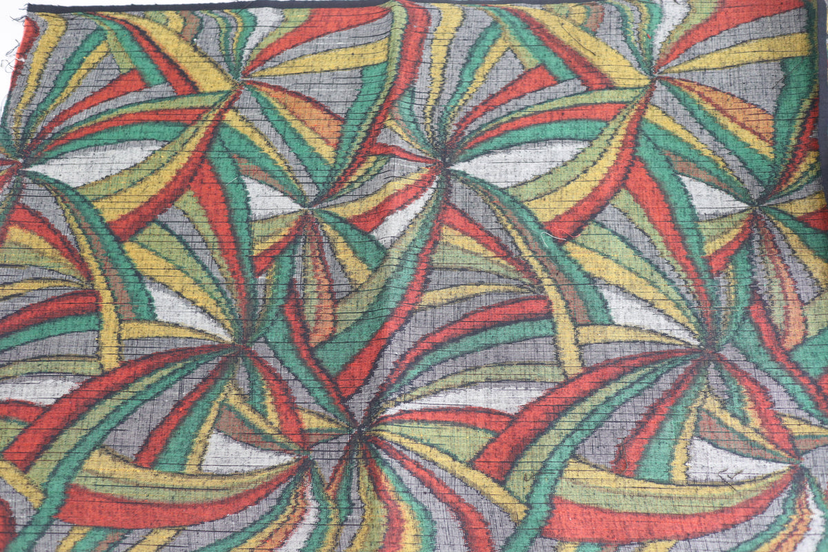 Vintage Japanese Tsumugi Silk Kimono Fabric Panel  - Colorful Geometric Pattern