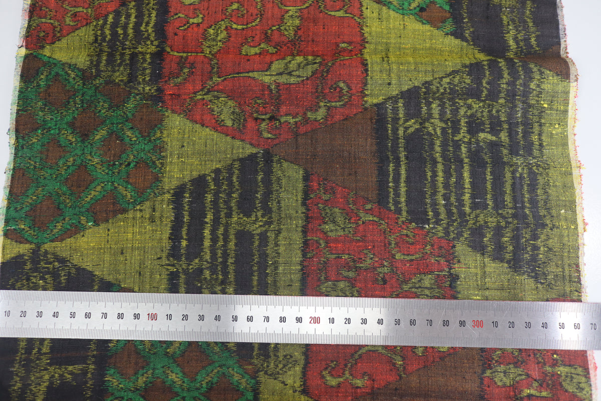 Vintage Japanese Tsumugi Silk Kimono Fabric Panel  - Modern Oriental Pattern Yellow, Brown , Black