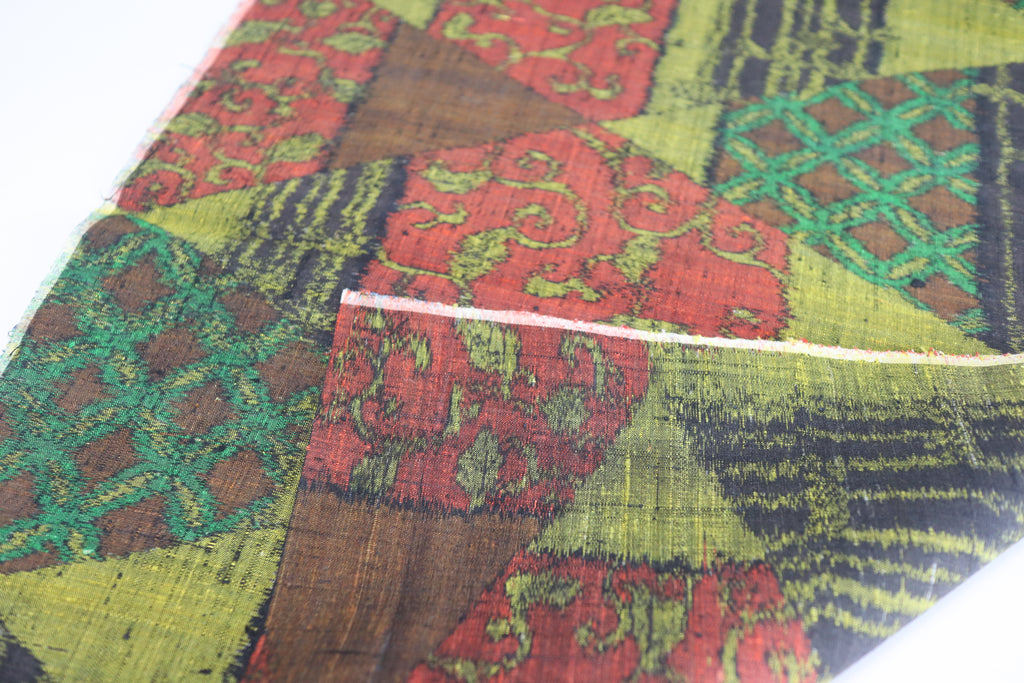 Vintage Japanese Tsumugi Silk Kimono Fabric Panel  - Modern Oriental Pattern Yellow, Brown , Black