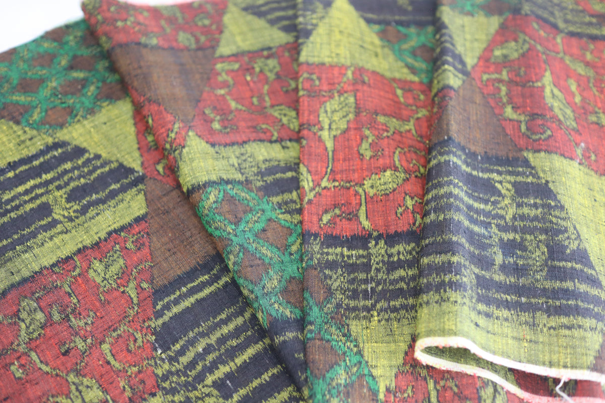 Vintage Japanese Tsumugi Silk Kimono Fabric Panel  - Modern Oriental Pattern Yellow, Brown , Black